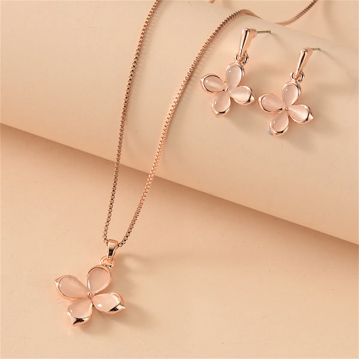 Cats Eye & 18K Rose Gold-Plated Flower Drop Earrings & Pendant Necklace