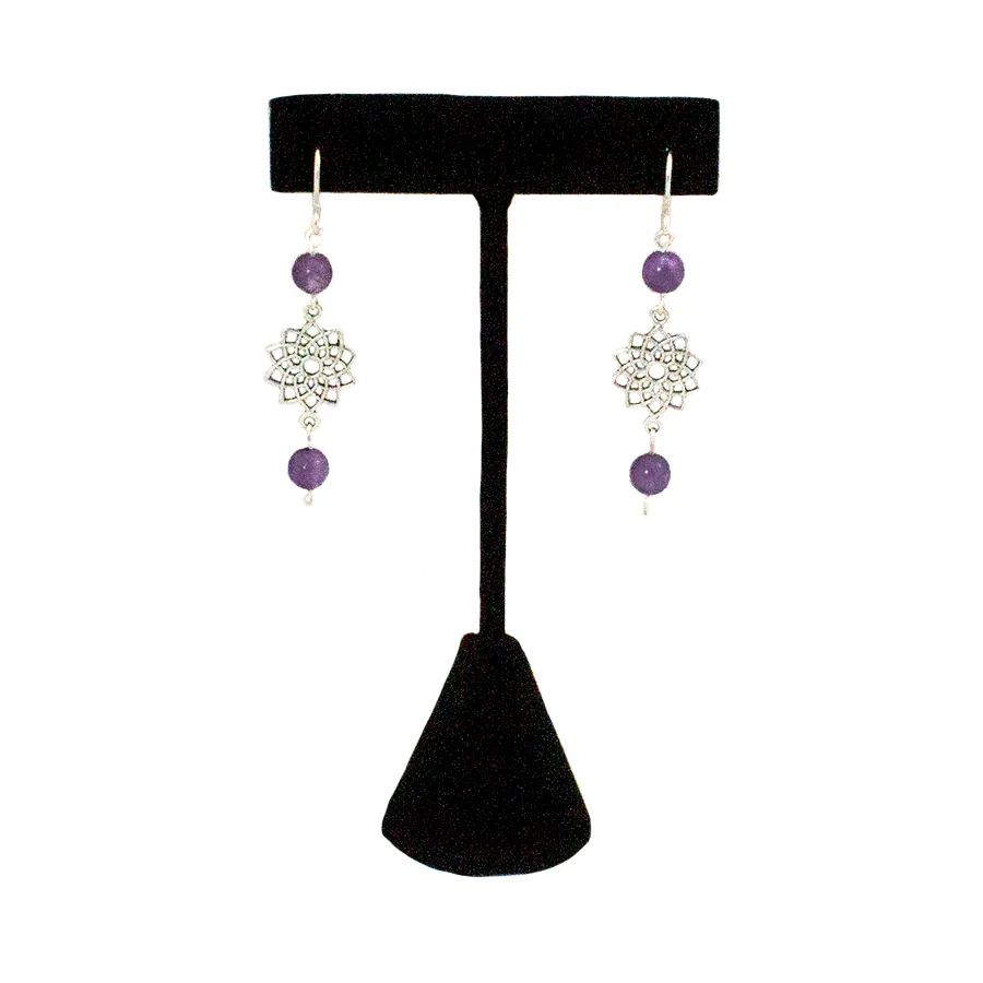Chakra - Crown - Amethyst  Earrings with Sahasvara Symbol in Antigue Silver