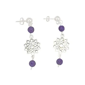 Chakra - Crown - Amethyst  Earrings with Sahasvara Symbol in Antigue Silver