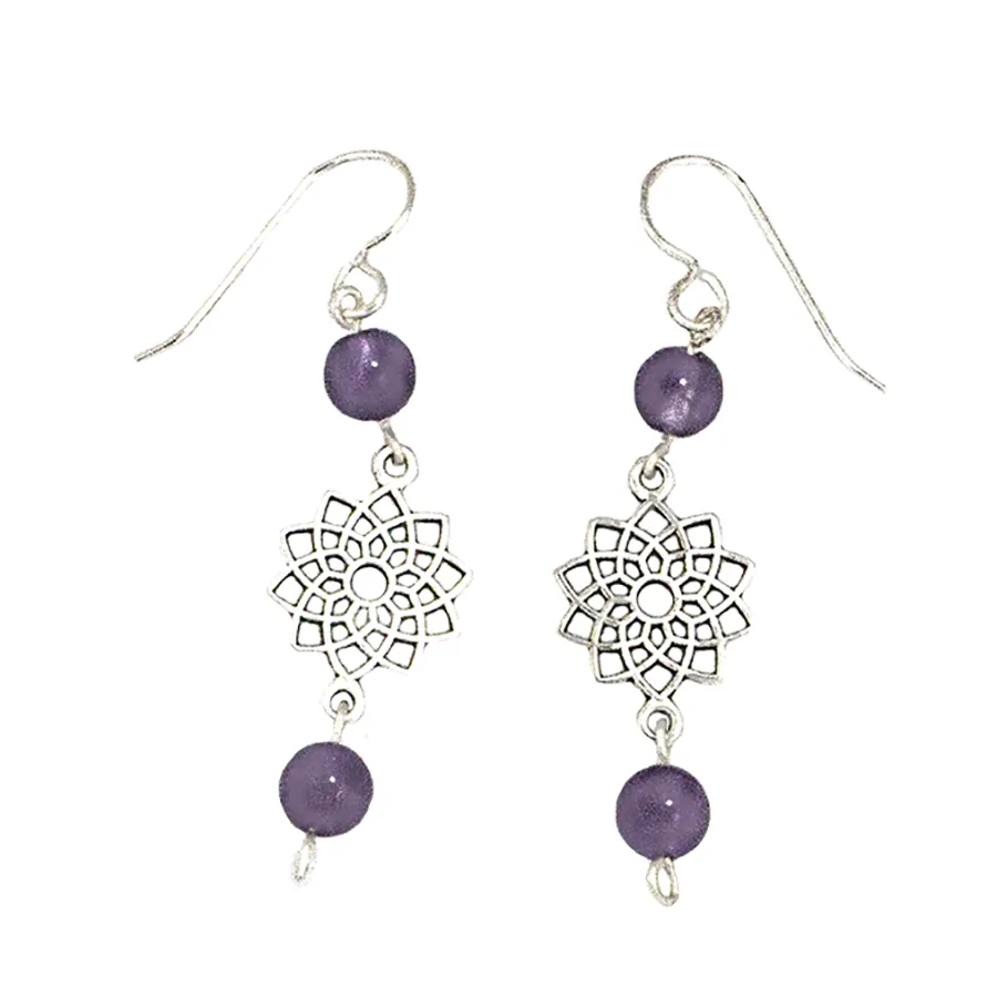 Chakra - Crown - Amethyst  Earrings with Sahasvara Symbol in Antigue Silver
