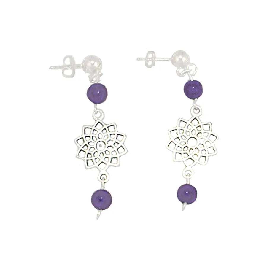 Chakra - Crown - Amethyst  Earrings with Sahasvara Symbol in Antigue Silver