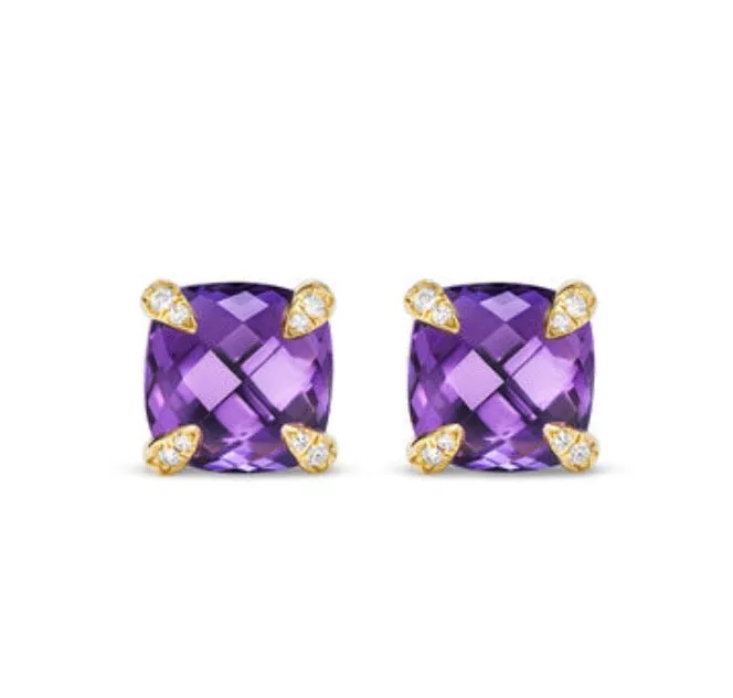 Chatelaine® Stud Earrings in 18K Yellow Gold with Amethyst and Diamonds, 8mm