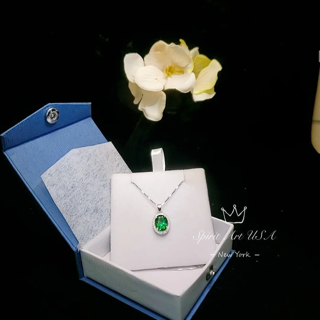 Classic Halo Emerald Necklace Sterling Silver Oval 2 CT Green Emerald Pendant Gemstone Solitaire  May Birthstone Jewelry #117