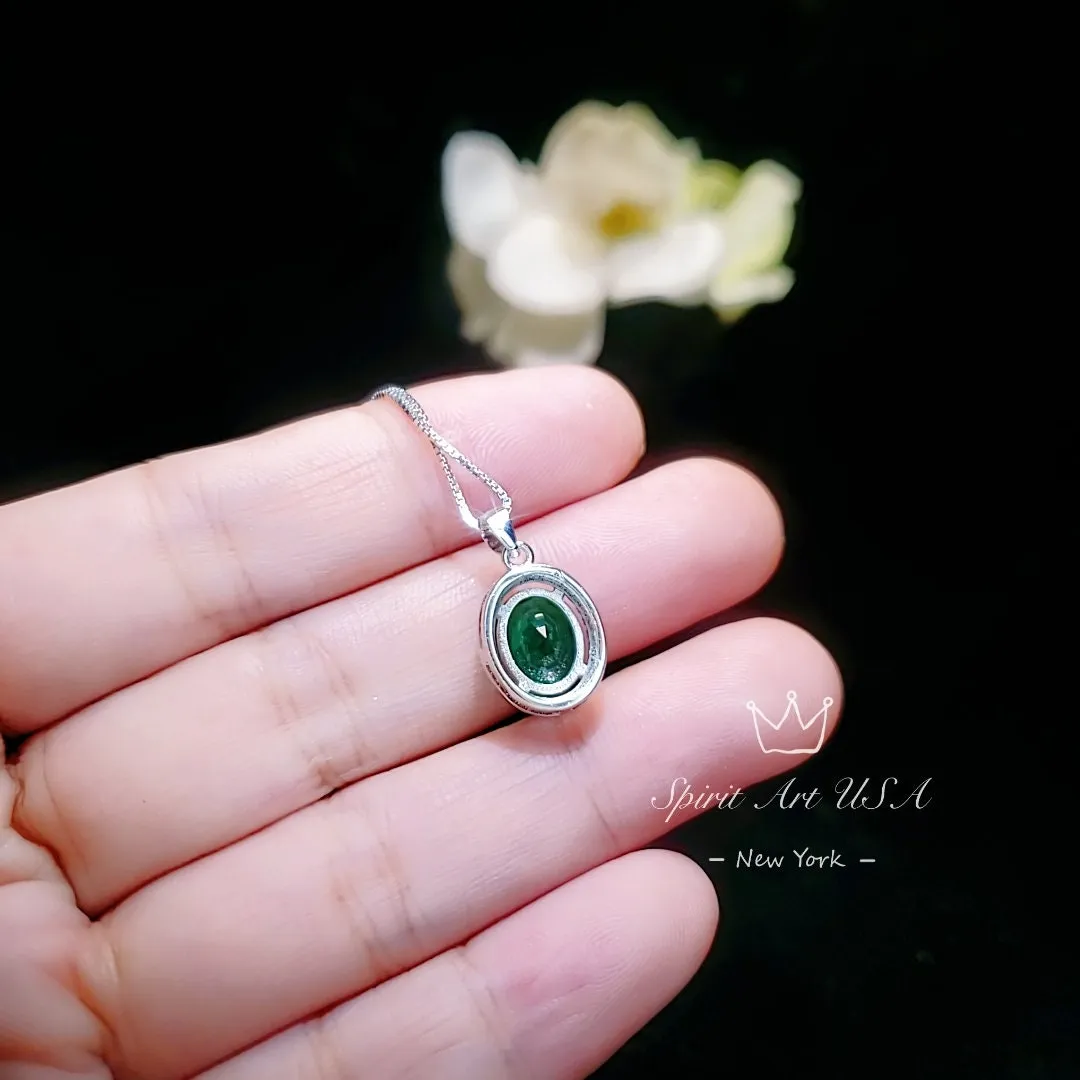 Classic Halo Emerald Necklace Sterling Silver Oval 2 CT Green Emerald Pendant Gemstone Solitaire  May Birthstone Jewelry #117