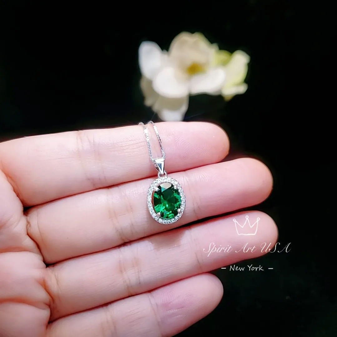 Classic Halo Emerald Necklace Sterling Silver Oval 2 CT Green Emerald Pendant Gemstone Solitaire  May Birthstone Jewelry #117