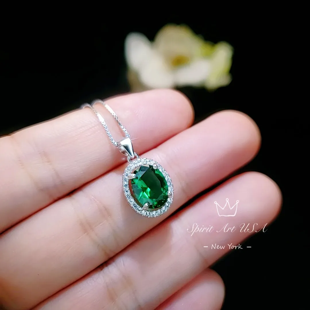 Classic Halo Emerald Necklace Sterling Silver Oval 2 CT Green Emerald Pendant Gemstone Solitaire  May Birthstone Jewelry #117