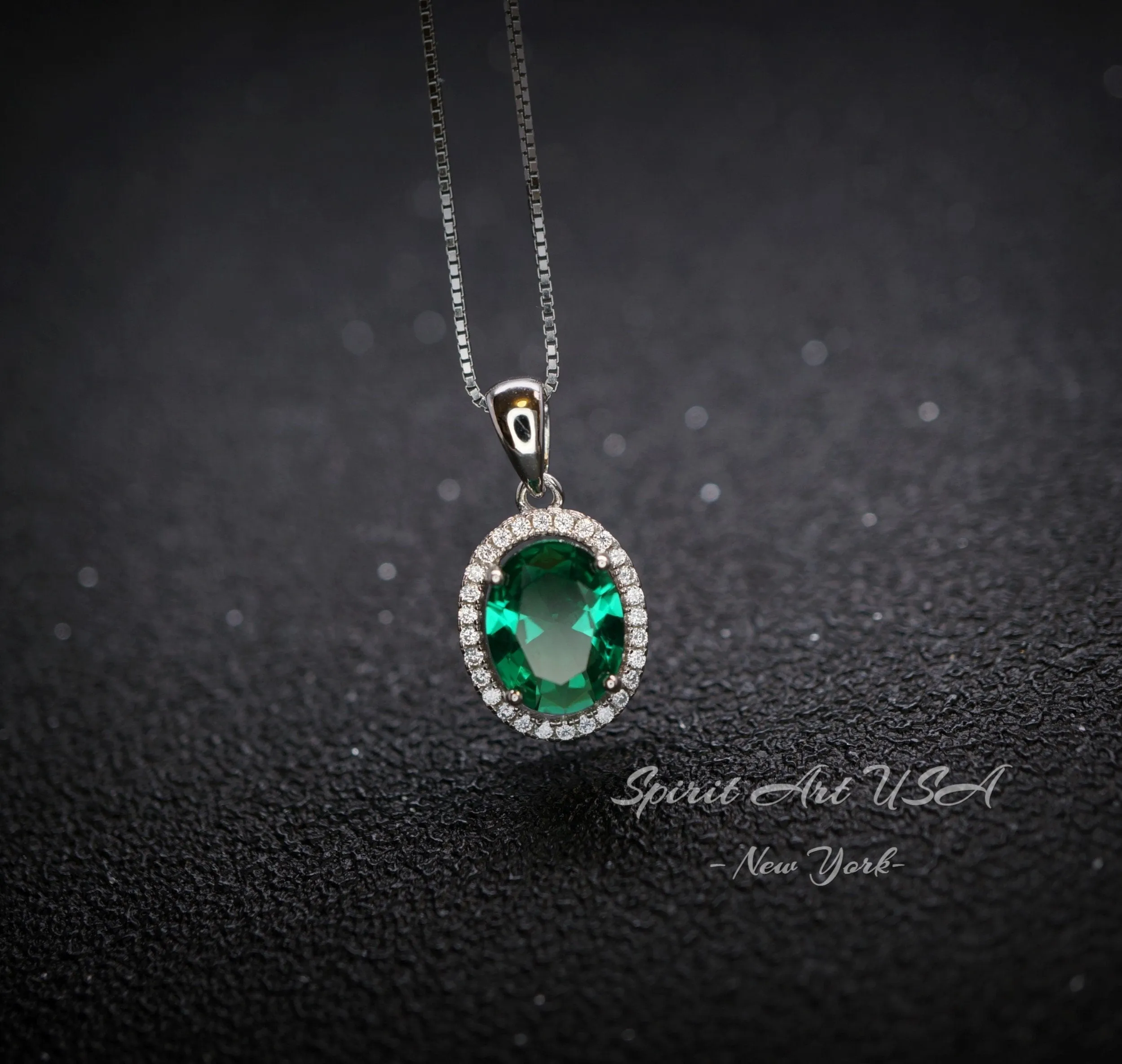 Classic Halo Emerald Necklace Sterling Silver Oval 2 CT Green Emerald Pendant Gemstone Solitaire  May Birthstone Jewelry #117