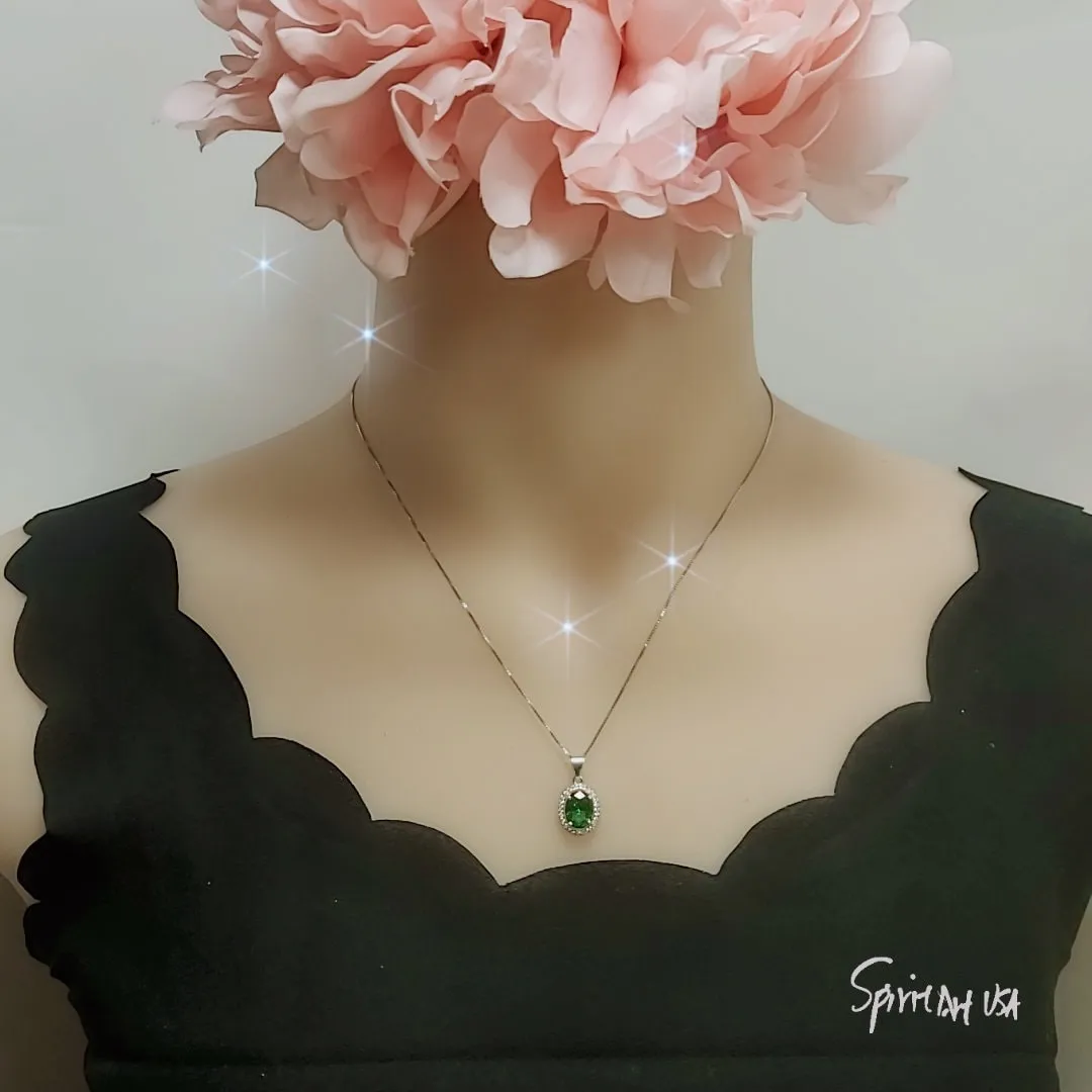 Classic Halo Emerald Necklace Sterling Silver Oval 2 CT Green Emerald Pendant Gemstone Solitaire  May Birthstone Jewelry #117