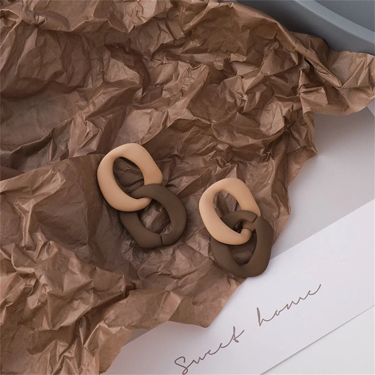 Coffee & Tan Enamel Tiered Curb Chain Drop Earrings
