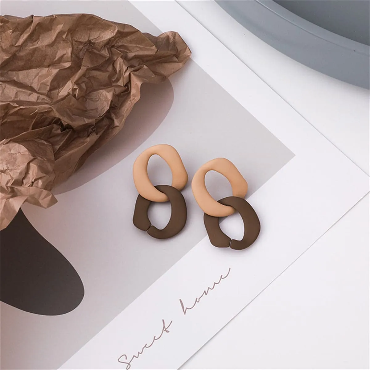 Coffee & Tan Enamel Tiered Curb Chain Drop Earrings