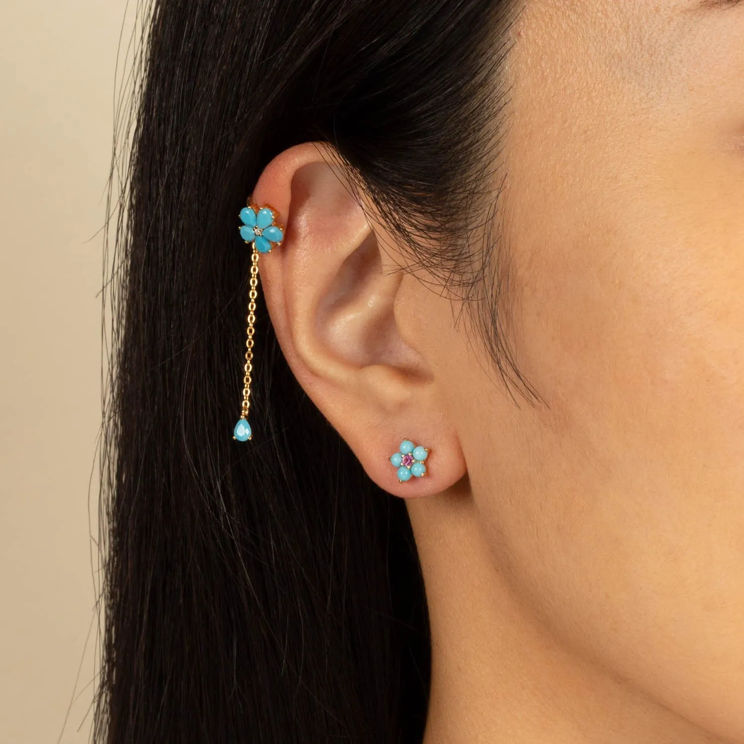 Colored Flower Chain Drop Ear Cuff
