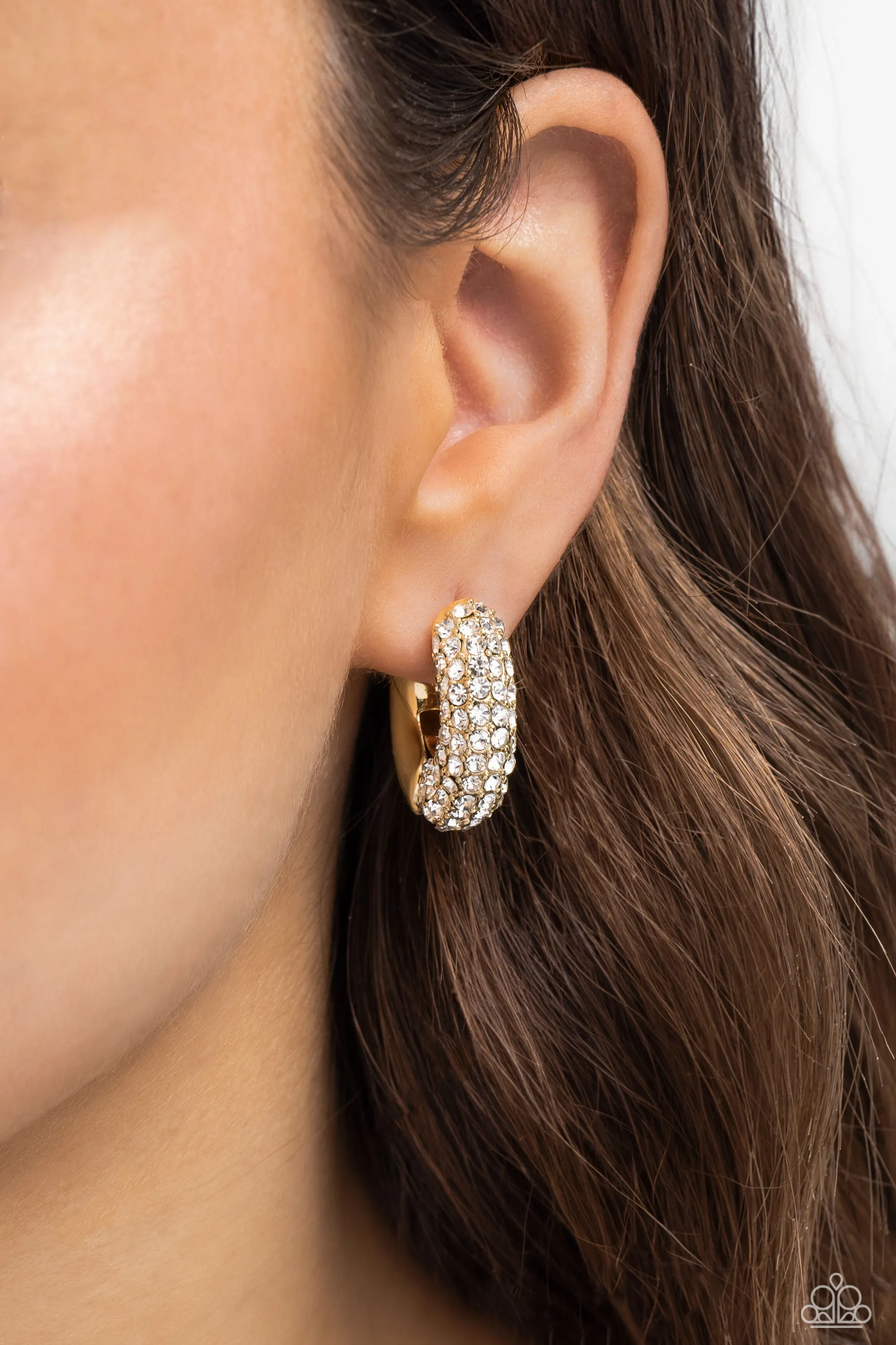 Combustible Confidence - Gold - White Rhinestone Encrusted Paparazzi Hinge Hoop Earrings