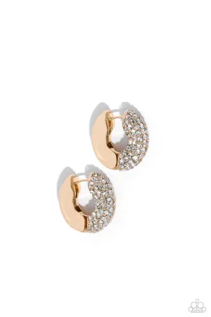 Combustible Confidence - Gold - White Rhinestone Encrusted Paparazzi Hinge Hoop Earrings