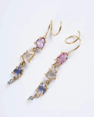 cork screw earrings with montana rainbow sapphires and green diamonds