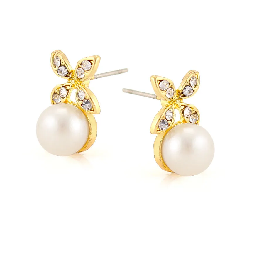 CREAM PEARL CRYSTAL STUD EARRINGS #SWR-CP2603GLD