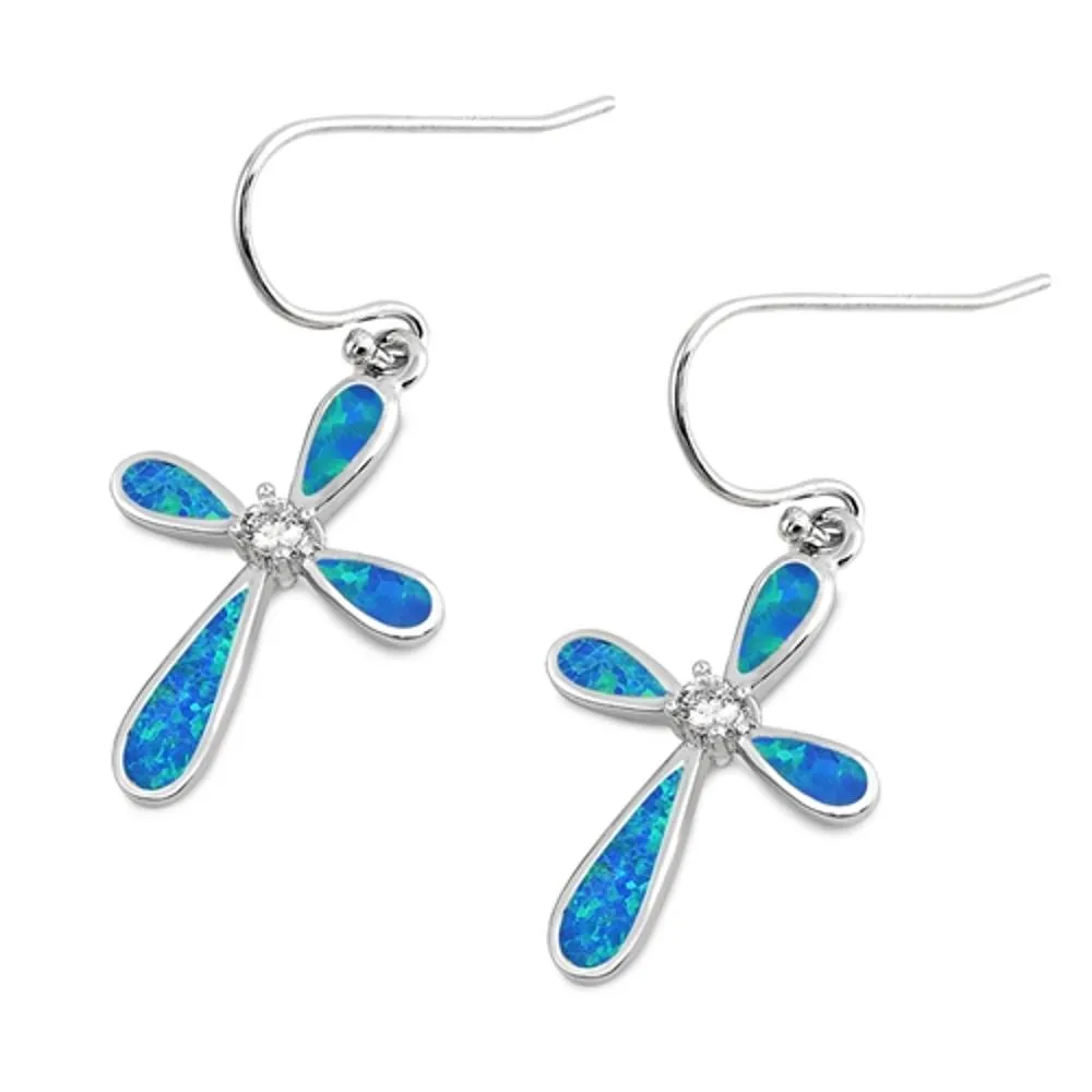 Cross Earrings Blue Simulated Opal Clear Simulated CZ .925 Sterling Silver