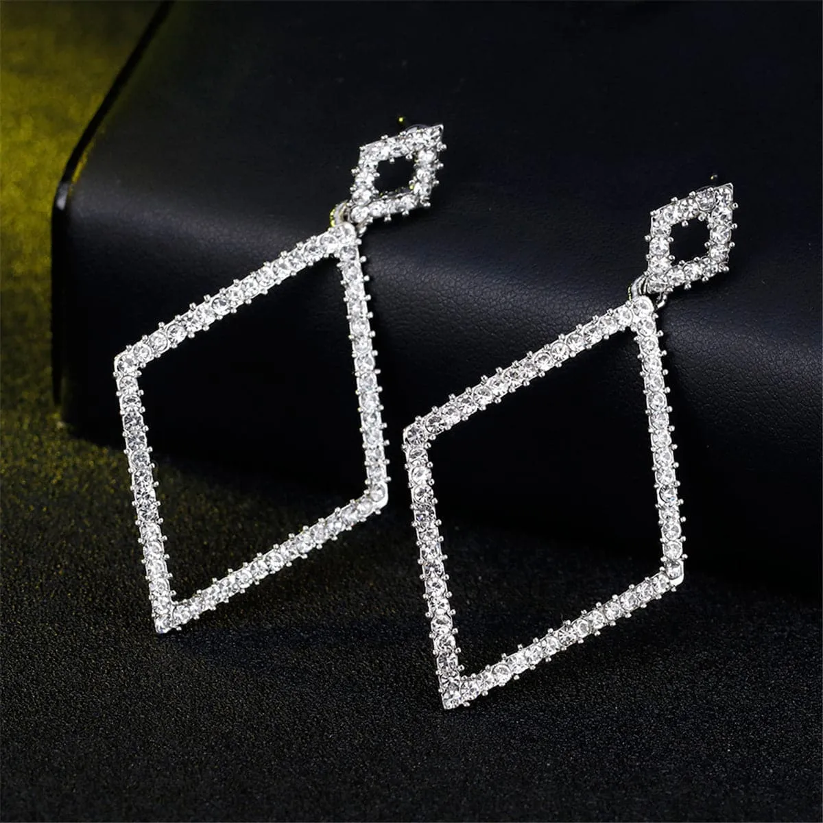 Cubic Zirconia & Silver-Plated Rhombus Open Drop Earrings