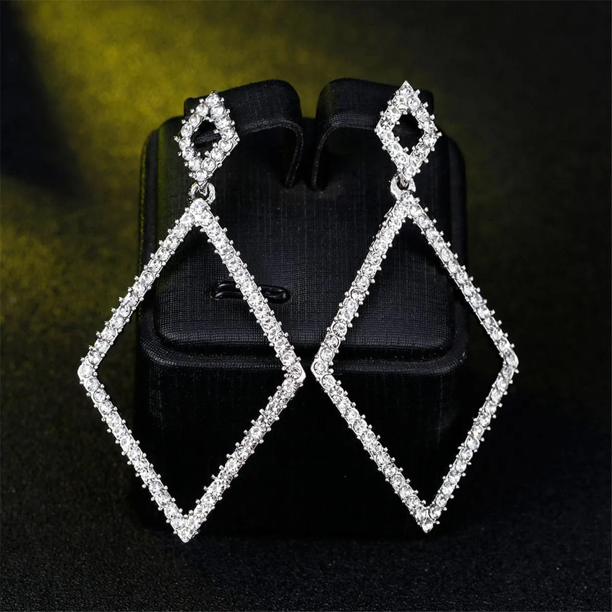 Cubic Zirconia & Silver-Plated Rhombus Open Drop Earrings