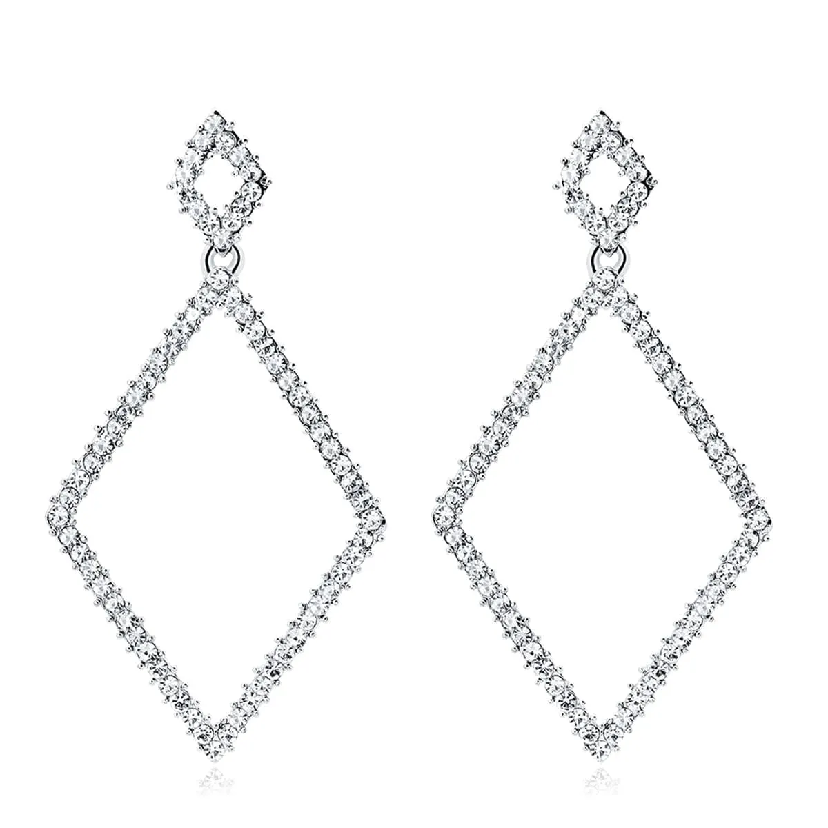 Cubic Zirconia & Silver-Plated Rhombus Open Drop Earrings