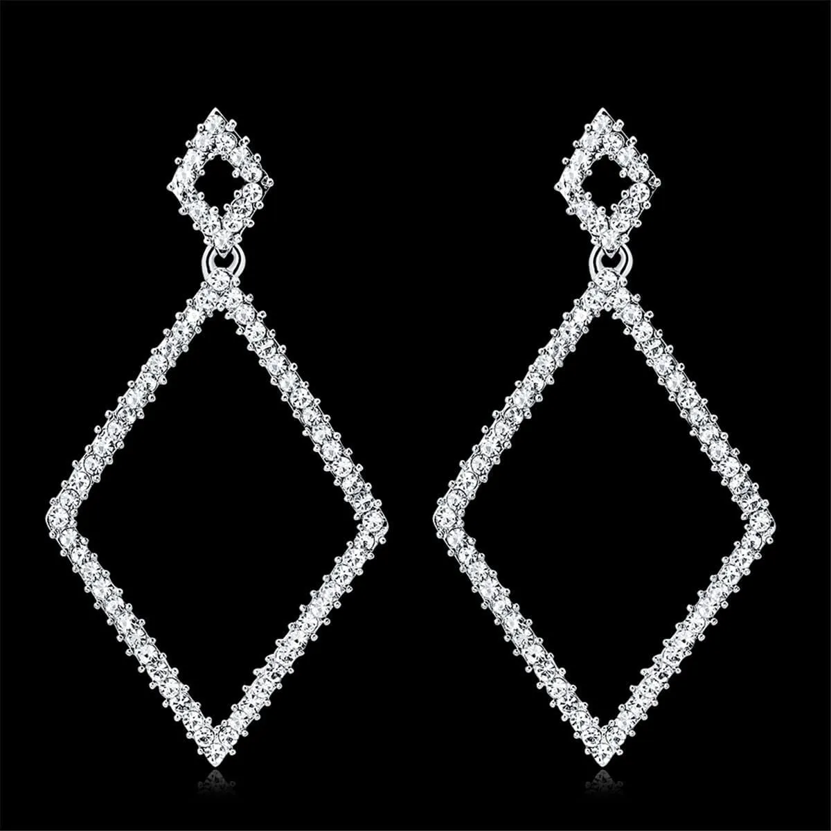 Cubic Zirconia & Silver-Plated Rhombus Open Drop Earrings