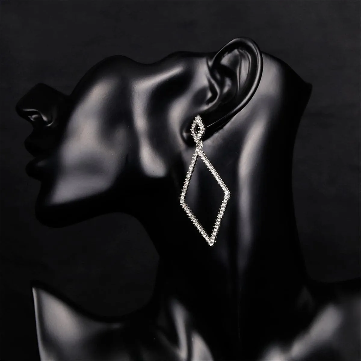 Cubic Zirconia & Silver-Plated Rhombus Open Drop Earrings