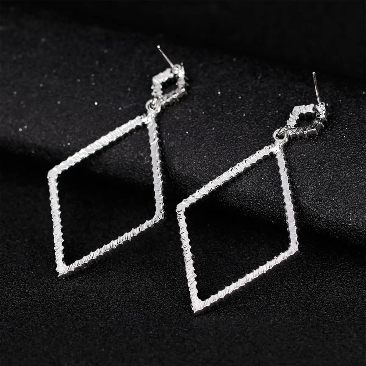 Cubic Zirconia & Silver-Plated Rhombus Open Drop Earrings