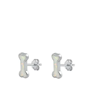 Cute Sterling Silver Dog Bone White Opal Stud High Polished Earrings 925 New