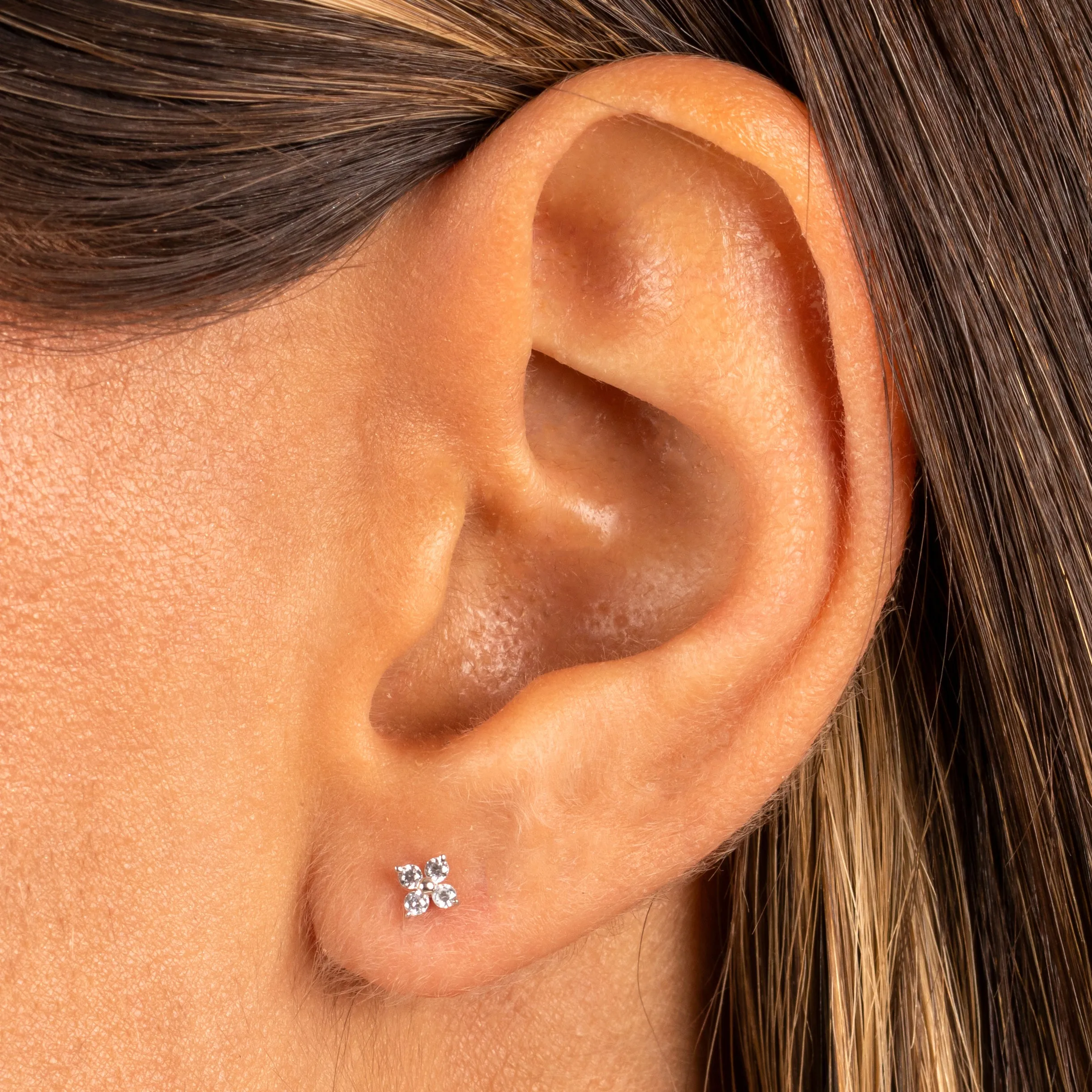 CZ Four Leaf Flower Stud Earring 14k
