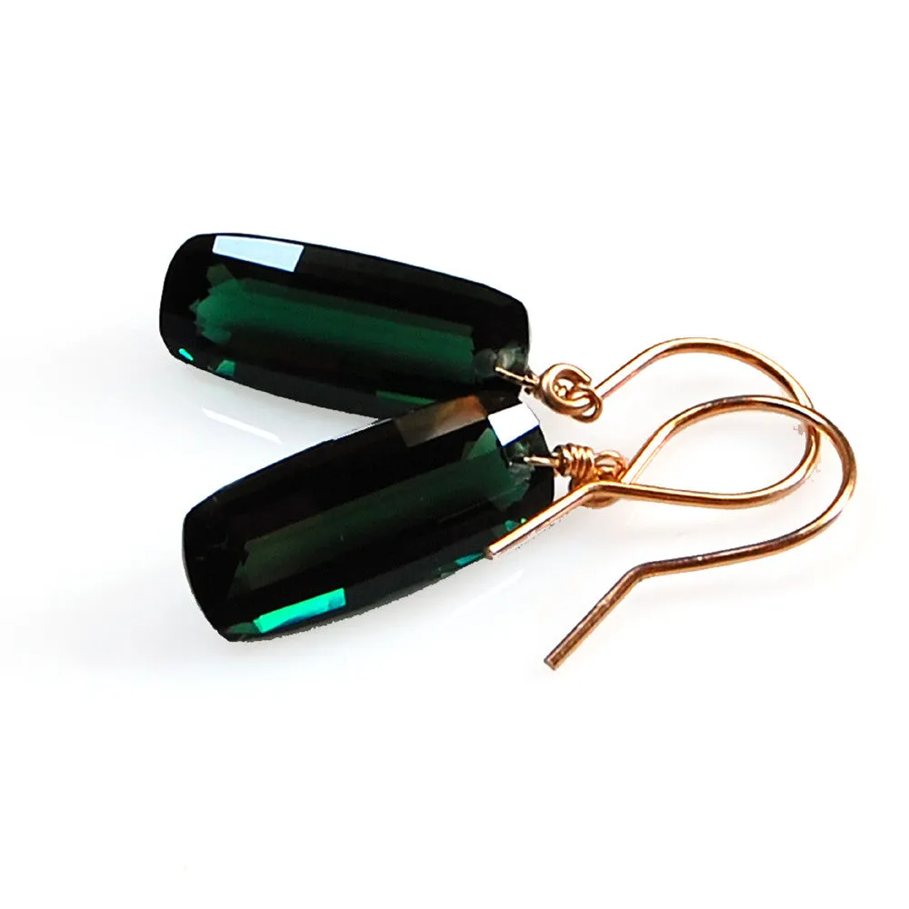 Dark Green Amethyst Baguette Cut Solitaire Earrings