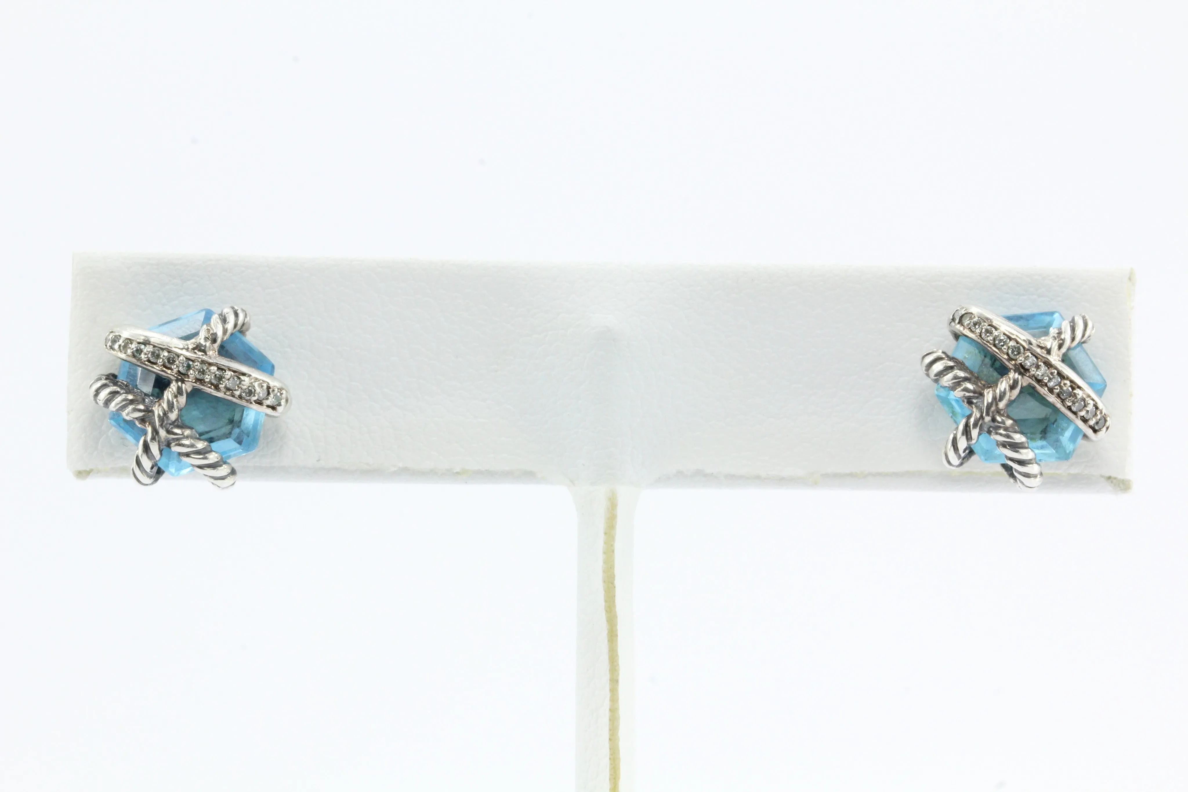 David Yurman Cable Wrap Sterling Silver Blue Topaz Diamond Earrings