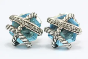 David Yurman Cable Wrap Sterling Silver Blue Topaz Diamond Earrings