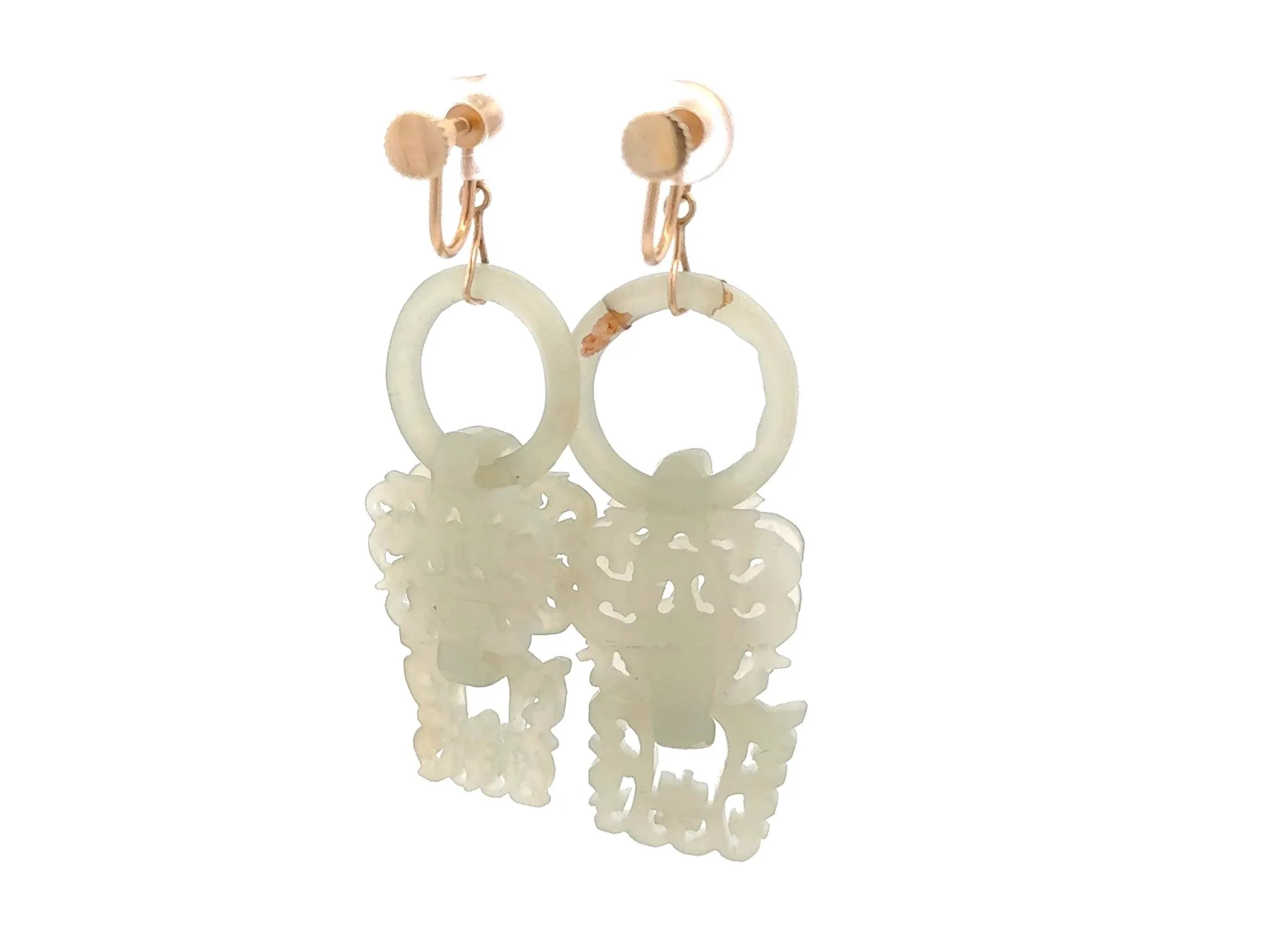 Devils Work White Jade Dangly Earrings 14k Yellow Gold