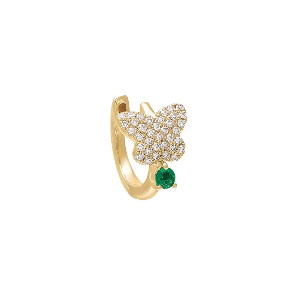 Diamond Butterfly Emerald  Huggie Earring 14K