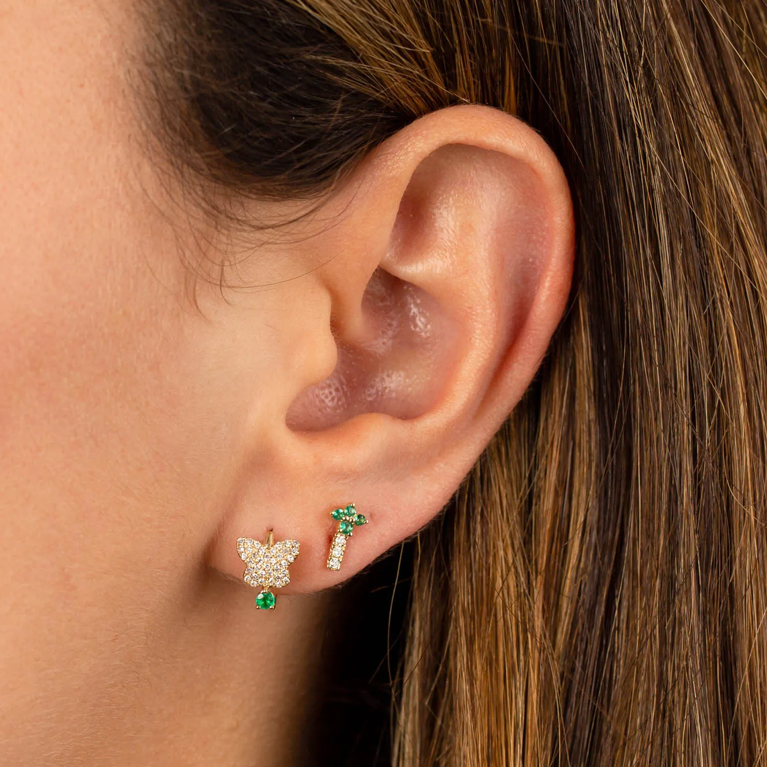 Diamond Butterfly Emerald  Huggie Earring 14K