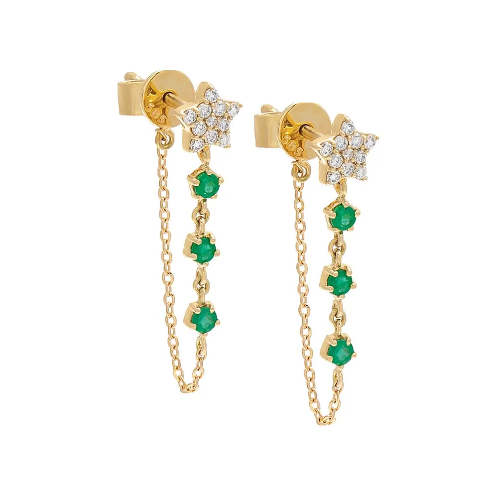 Diamond Star X Gemstones Chain Stud Earring 14K