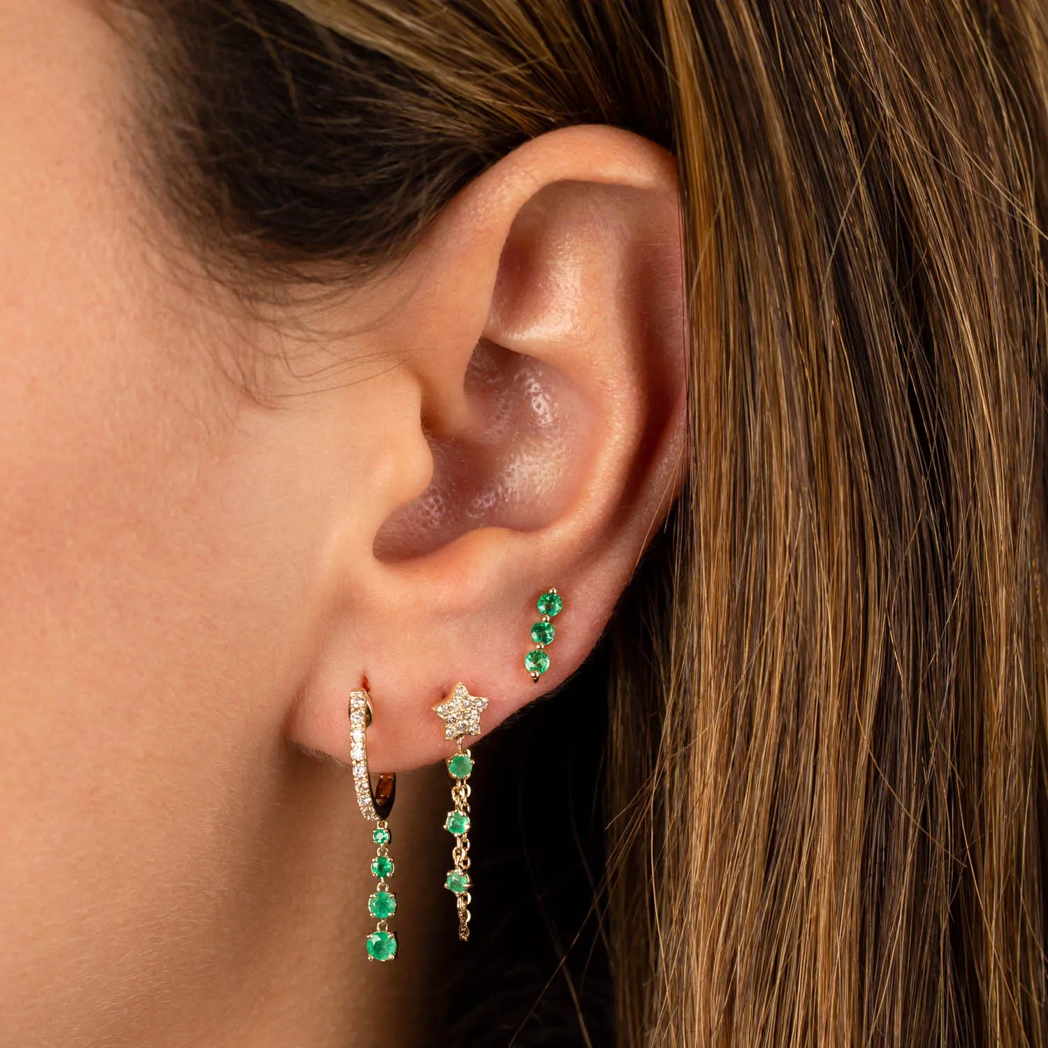 Diamond Star X Gemstones Chain Stud Earring 14K