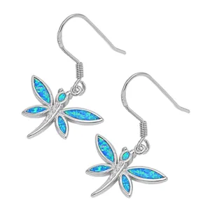 Dragonfly Hanging Earrings Blue Simulated Opal .925 Sterling Silver