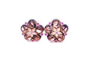 Earrings 18kt Rose Gold Smokey Topaz Clip Flowers