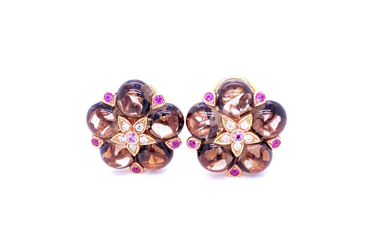 Earrings 18kt Rose Gold Smokey Topaz Clip Flowers