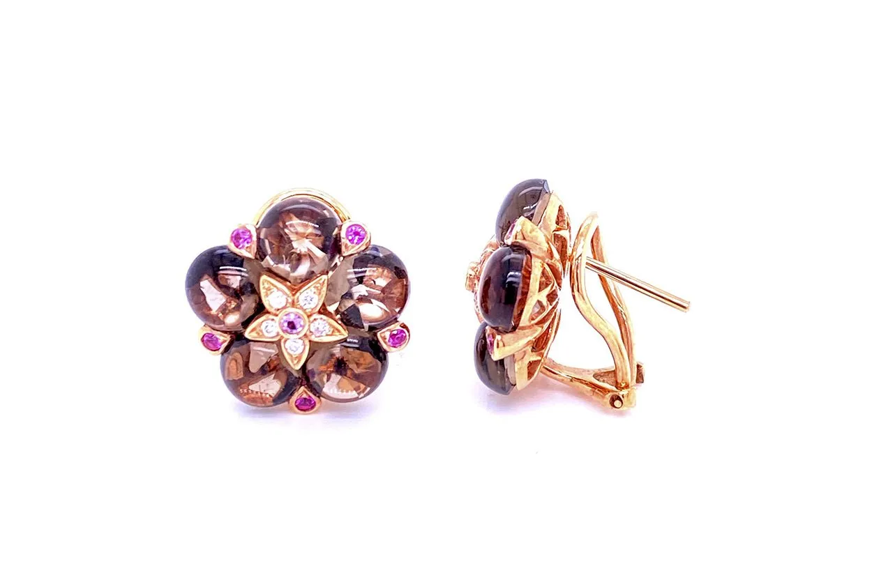 Earrings 18kt Rose Gold Smokey Topaz Clip Flowers