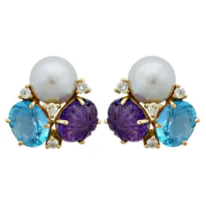 Earrings-Amethyst, Blue Topaz, Pearl and Diamond