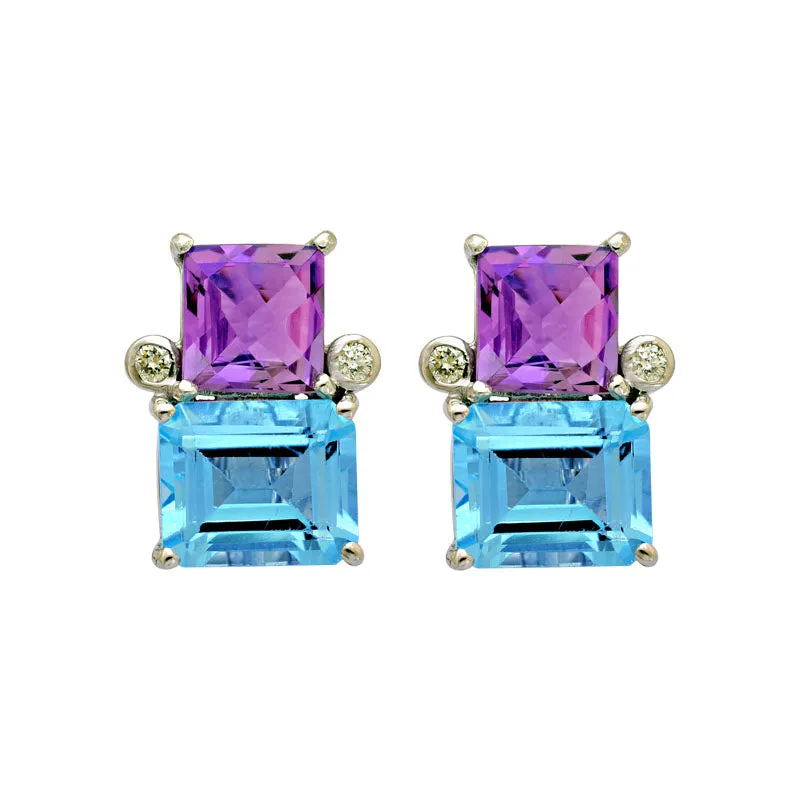 Earrings-Blue Topaz, Amethyst and Diamond