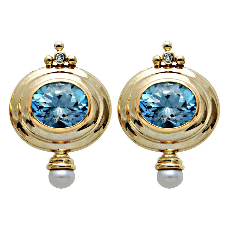 Earrings-Blue Topaz, Pearl and Diamond  (1642C)