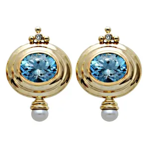 Earrings-Blue Topaz, Pearl and Diamond  (1642C)