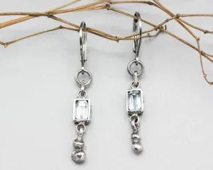 Earrings Princess cut Swiss blue topaz in silver bezel setting with silver peanut on sterling silver hooks style