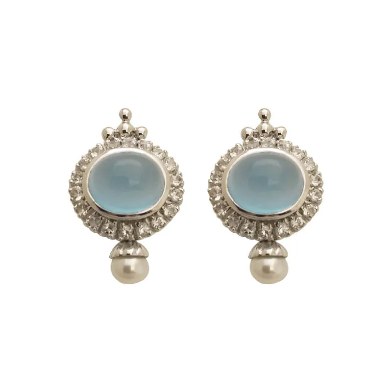 EARRINGS- WHITE TOPAZ, CHALCEDONY AND PEARL IN STERLING SILVER