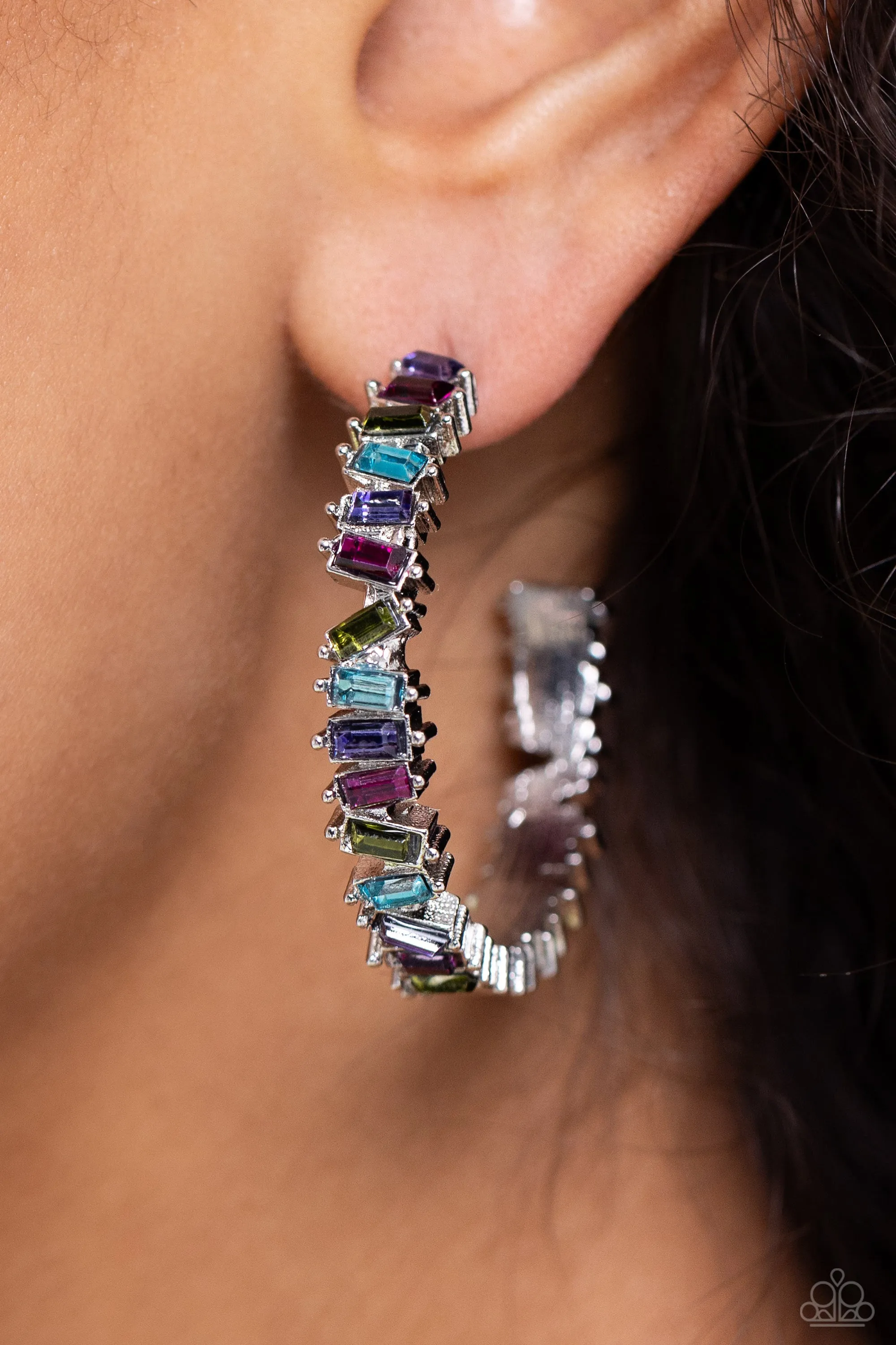 Effortless Emeralds - Multi - Colored Emerald-Cut Gem Paparazzi Hoop Earrings