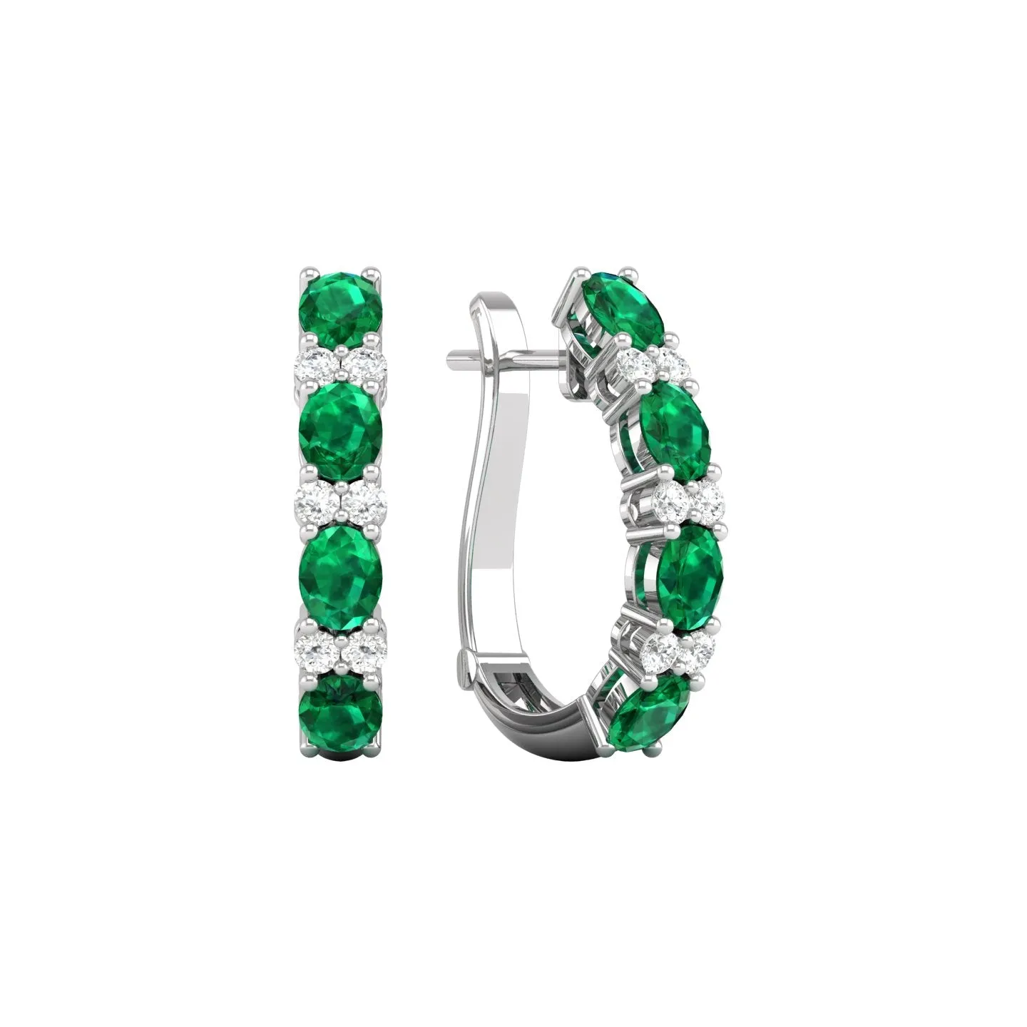Emerald and Diamond Alternating Hoop Earrings