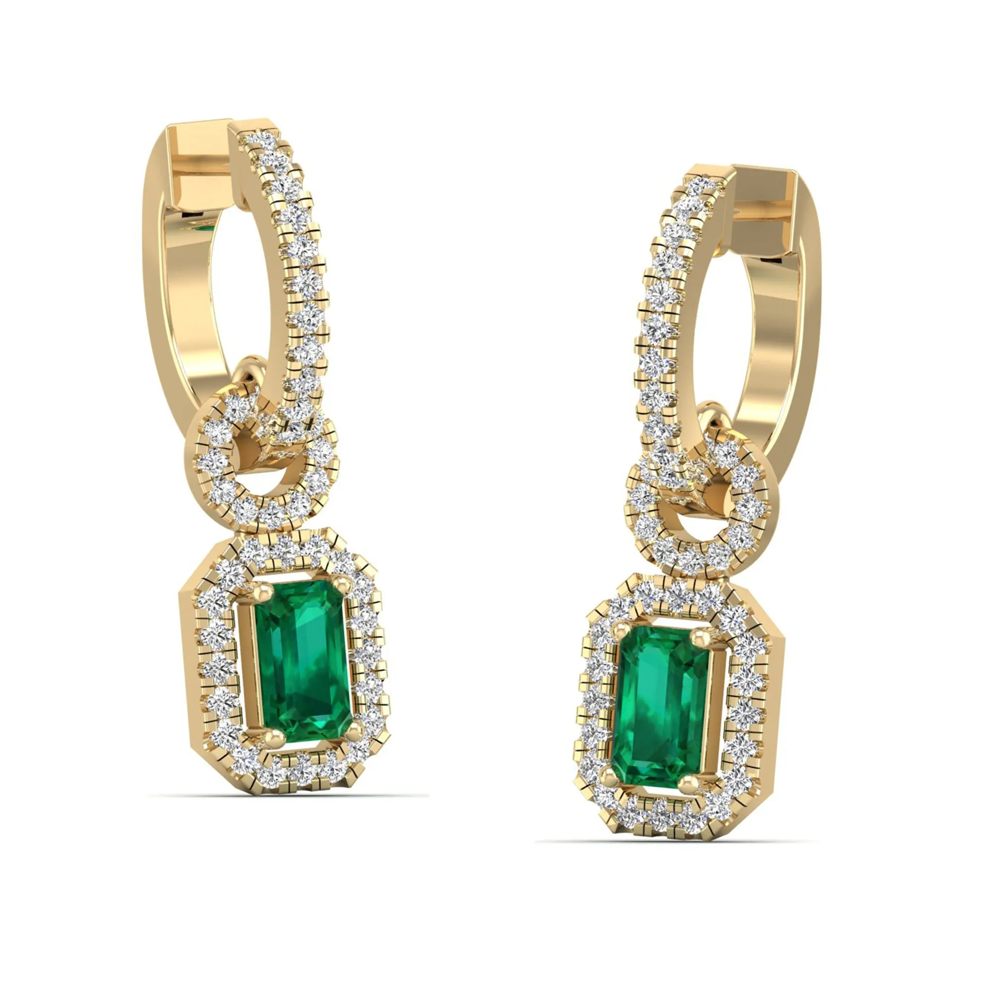 Emerald and Halo Diamond Dangle Earrings