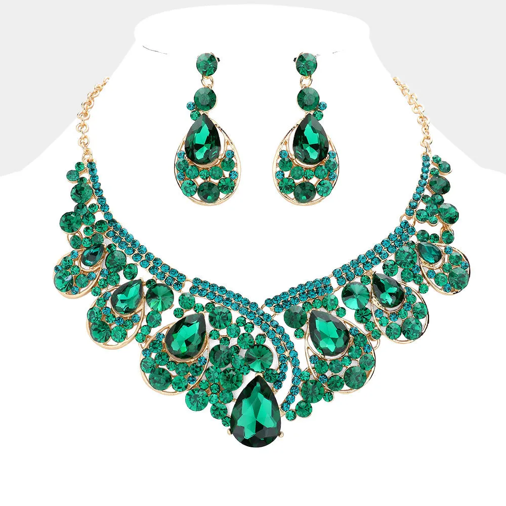 Emerald Crystal Teardrop Pageant Necklace Set | Prom Necklace Set | 582971